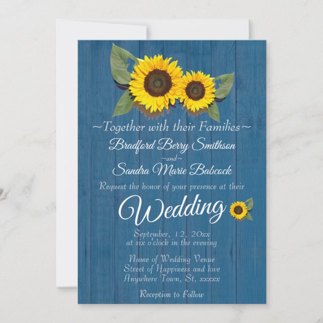 Invitation Mariage Rustique Tournesol Bois Bleu  (Devant)