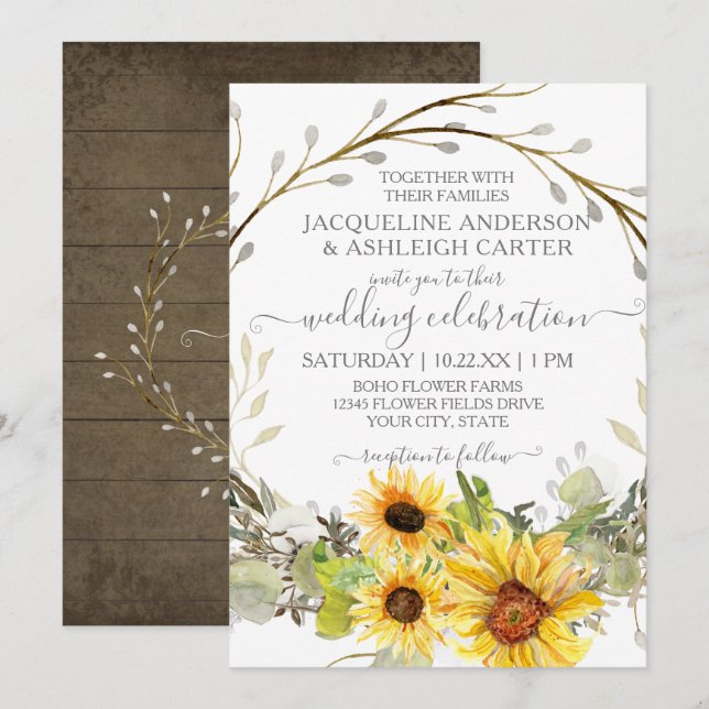 Invitation Mariage rustique Tournesol Floral Wreath Aquarelle (Devant / Derrière)