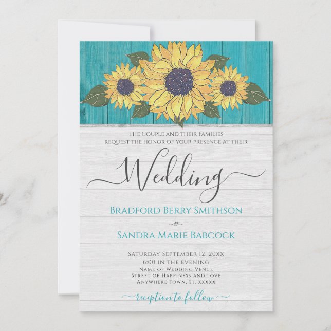 Invitation Mariage rustique tournesol Jaune Turquoise gris bo (Devant)