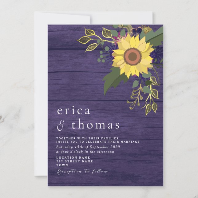 Invitation Mariage Rustique Tournesol Violet (Devant)