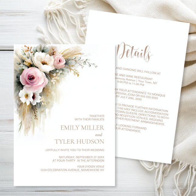 Invitation Mariage rustique tout-en-un avec fleurs roses et b (Créateur téléchargé)