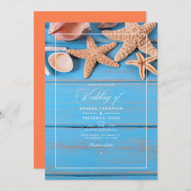 Invitation Mariage rustique Turquoise et Coral Beach (Devant / Derrière)