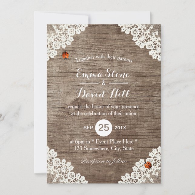 Invitation Mariage rustique Vintage Lace Blanche Ladybugs (Devant)