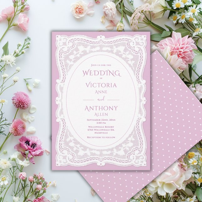 Invitation Mariage rustique violet en dentelle blanche vintag (Créateur téléchargé)