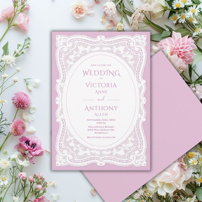 Invitation Mariage rustique violet en dentelle blanche vintag (Créateur téléchargé)