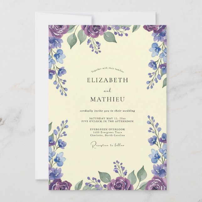 Invitation Mariage Rustique Violet Feuille de Pervenche (Devant)