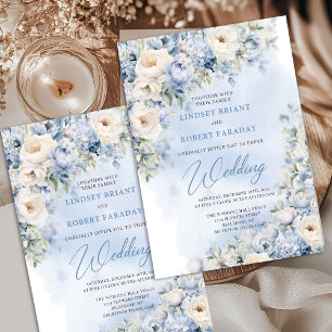 Invitation Mariage sage aux fleurs bleues et blanches poussié