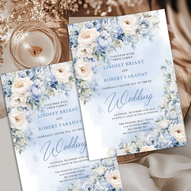 Invitation Mariage sage aux fleurs bleues et blanches poussié (Winter Watercolor blue and beige roses eucalyptus greenery wedding invitation digital)