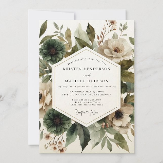 Invitation Mariage Sage Flore Sombre (Devant)