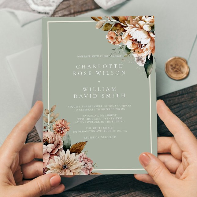 Invitation Mariage Sage Green et Rose Gold Elegant Flowers (Créateur téléchargé)