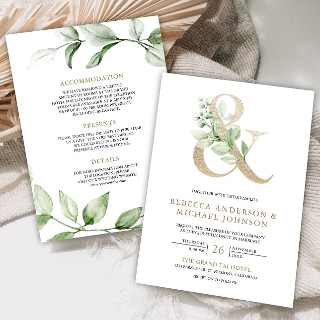 Invitation Mariage Sage Greenery Or Ampersand Blanc (Créateur téléchargé)