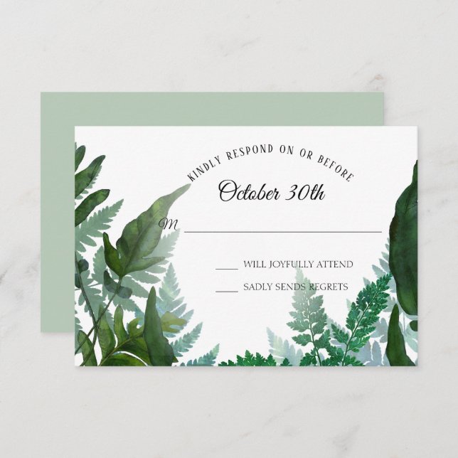 Invitation Mariage Sage RSVP Fougères Forêt Feuillage Feuille (Devant / Derrière)