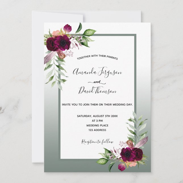Invitation Mariage Sage vert bordeaux bogo florales (Devant)