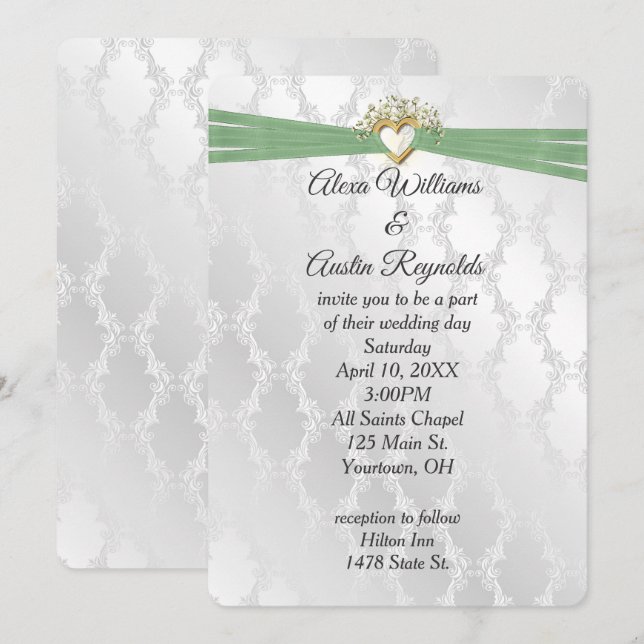 Invitation Mariage Sage Vert Ruban Dans Le Coeur Sur Satin (Devant / Derrière)