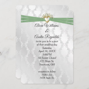 Invitation Mariage Sage Vert Ruban Dans Le Coeur Sur Satin
