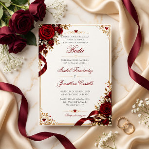 Invitation Mariage Saint-Valentin espagnol Burgundy rose cœur