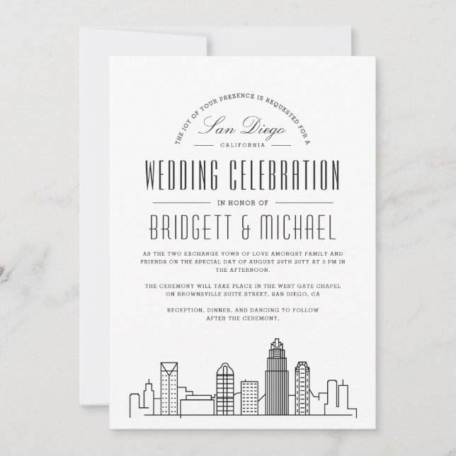 Invitation Mariage San Diego | Ligne Skyline Ville Déco Moder (Devant)