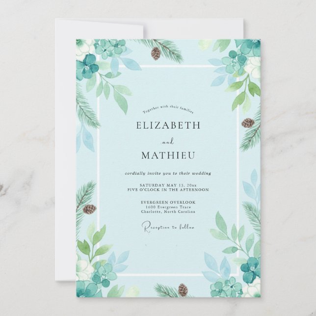 Invitation Mariage Sapin Sage Eucalyptus Givré (Devant)