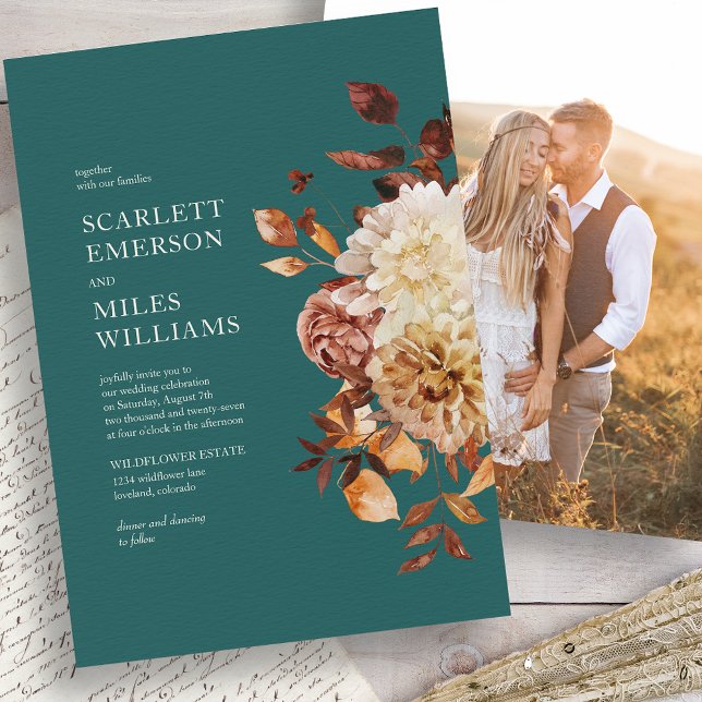 Invitation Mariage sarcelle d'automne (Fall Teal Floral Photo Wedding Invitation by Painted Paperie
)