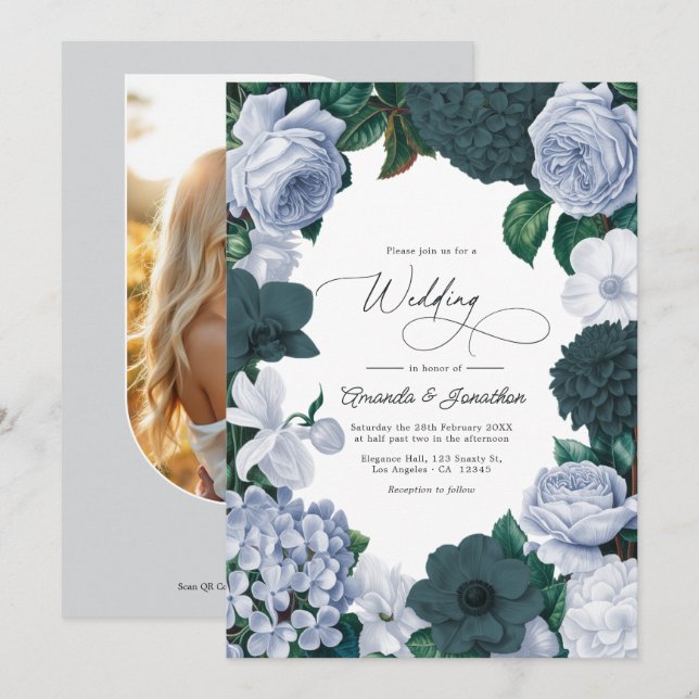 Invitation Mariage sarcelle noircie, bleu brume et blanc perl (Devant / Derrière)