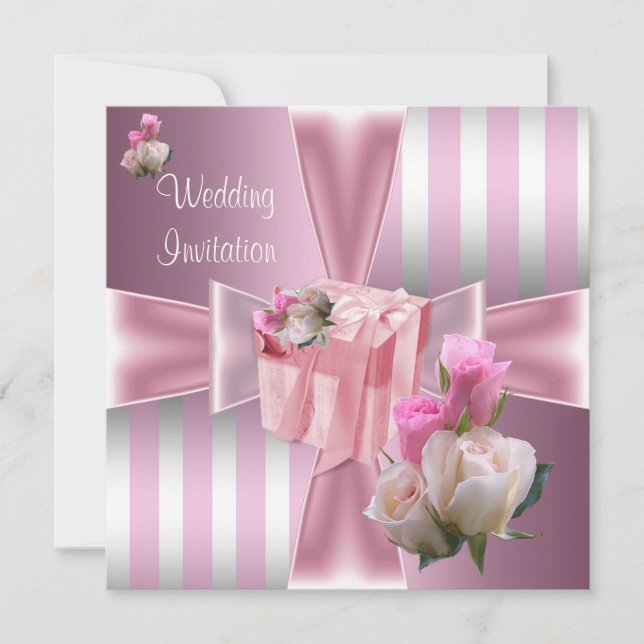 Invitation Mariage Satin Rose Ruban Rayure Argentée (Devant)