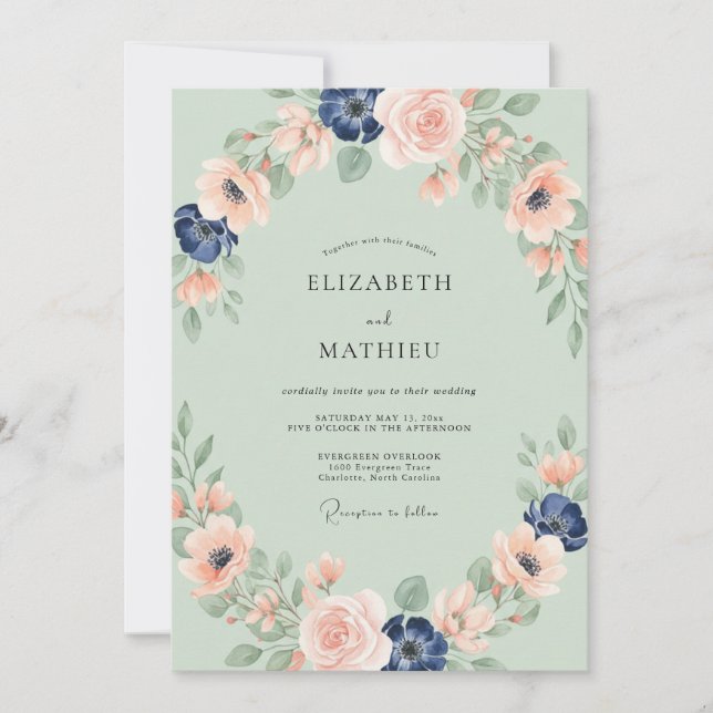 Invitation Mariage Sauge Douce Pêche Ranunculus Eucalyptus (Devant)