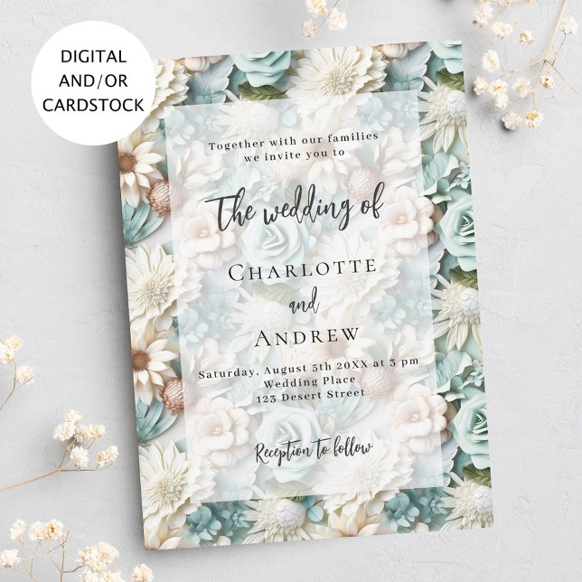 Invitation Mariage sauge vert floral blanc élégant (Créateur téléchargé)