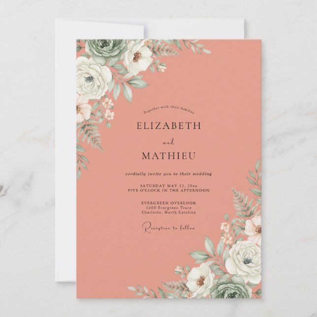 Invitation Mariage Saumon Fleur Blanche (Devant)