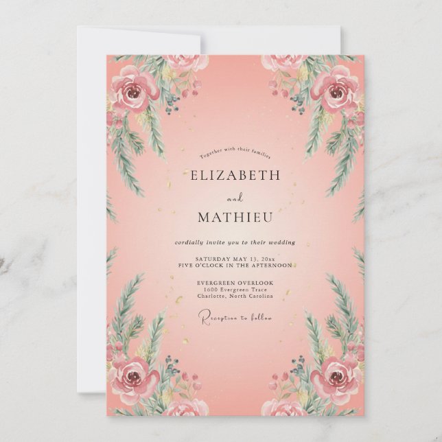 Invitation Mariage Saumon Ranunculus Feuillage Eucalyptus (Devant)