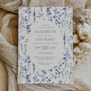 Invitation Mariage sauvage à motif de fleurs bleues et ivoire