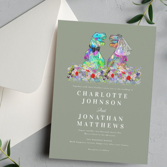 Invitation Mariage Sauvage Bohème Fleur de Dinosaure Vert Sau (Elegant Wildflower meadow boho rustic  Dinosaur sage green wedding invitation T-Rex bride & groom )