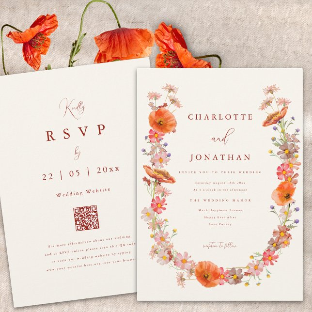 Invitation Mariage sauvage Boho d'automne (Boho wildflower fall wedding invitation burnt orange script and website qr code)