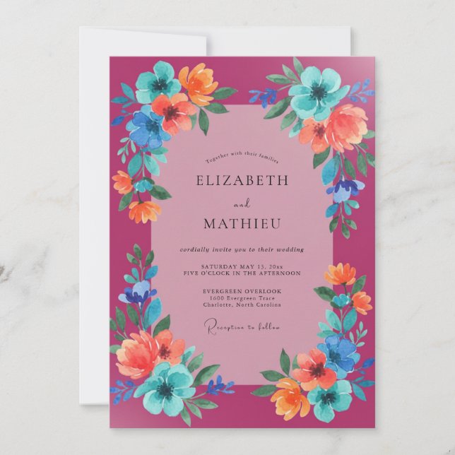 Invitation Mariage sauvage Magenta Aqua (Devant)