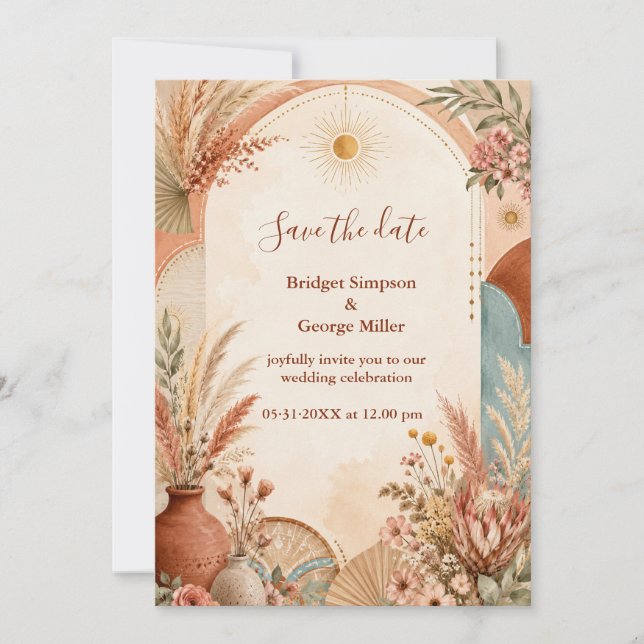 Invitation Mariage sauvage rustique Boho Pampas  (Devant)