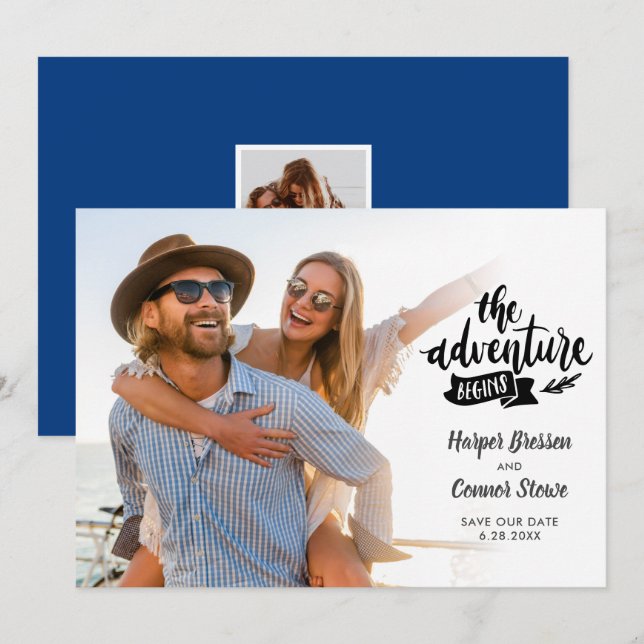 Invitation Mariage Sauvez la date 2 Photo L'aventure commence (Devant / Derrière)