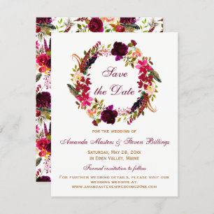 Invitation Mariage Sauvez la date - Floral Bourgogne, Plumes