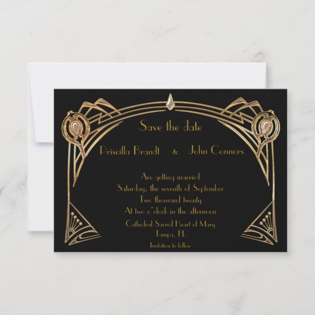 Invitation Mariage Save the Date, great-Gatsby, noir & or (Devant)