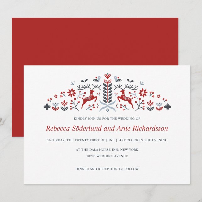 Invitation Mariage scandinave de rennes d'art populaire et de (Devant / Derrière)