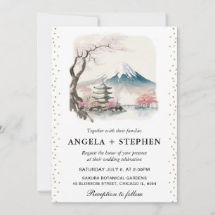 Invitation Mariage scénique aquarelle japonaise Fuji et pagod