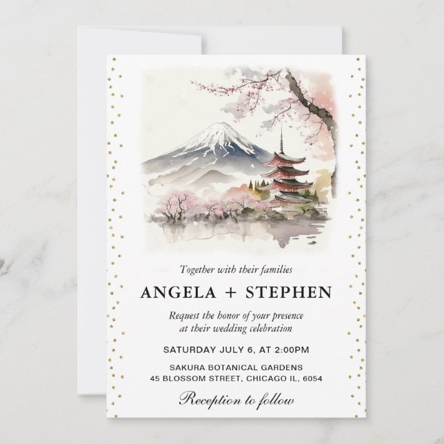 Invitation Mariage scénique japonais à l'aquarelle avec Fuji  (Devant)