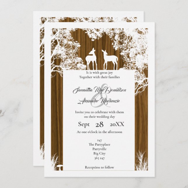 Invitation mariage scié en faux bois rustique (Devant / Derrière)