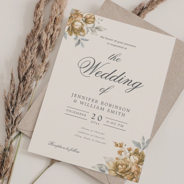 Invitation Mariage Script Élégant Floral Rustique Naturel Or (Gold Natural Rustic Floral Elegant Script Wedding Invitation)