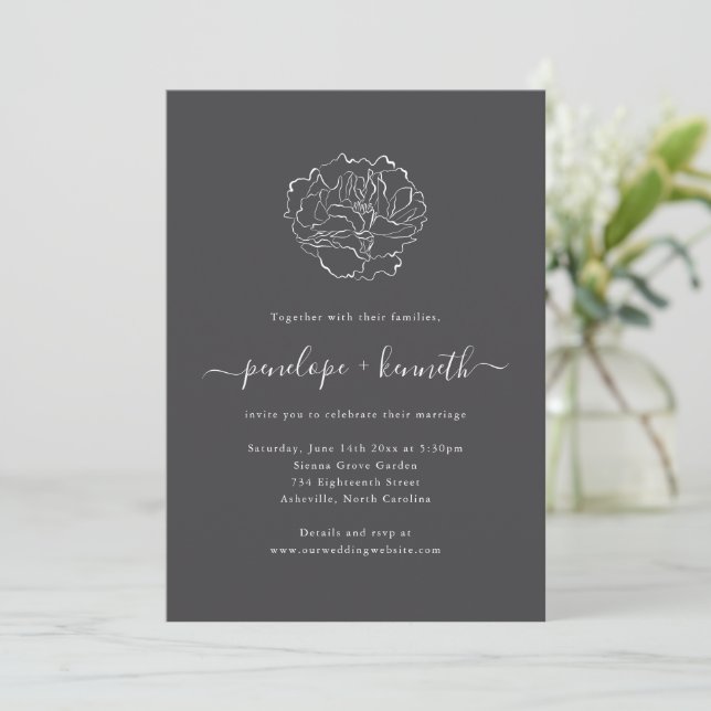 Invitation Mariage Script Ligne d'Art Pivoine Noir Charbon (Debout devant)