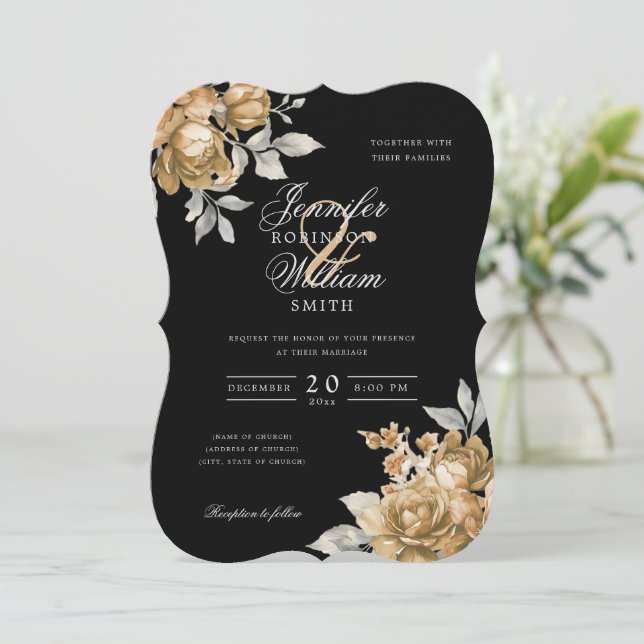 Invitation Mariage Script Or Naturel Floral Rustique Noir  (Debout devant)
