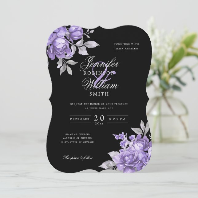 Invitation Mariage Script Violet Rustique Floral Noir  (Debout devant)