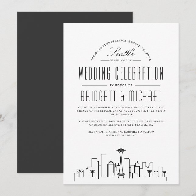 Invitation Mariage Seattle | Ligne Skyline Déco Moderne (Devant / Derrière)