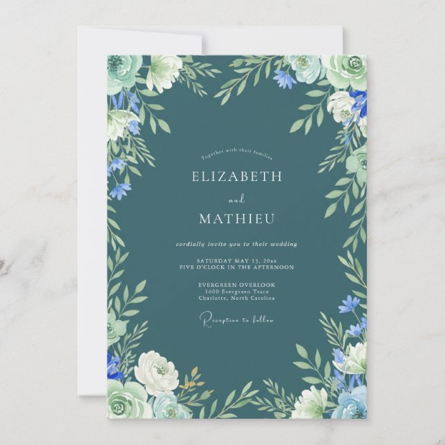 Invitation Mariage serein dans une forêt de teinte sarcelle (Devant)