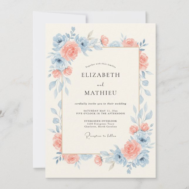 Invitation Mariage serein de printemps bleu ciel pêche (Devant)