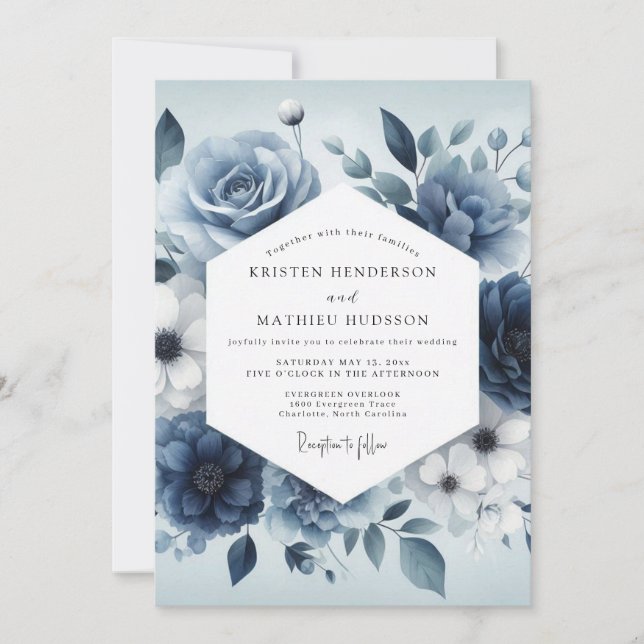 Invitation Mariage Sérénité Bleu Ardoise Fleurie (Devant)