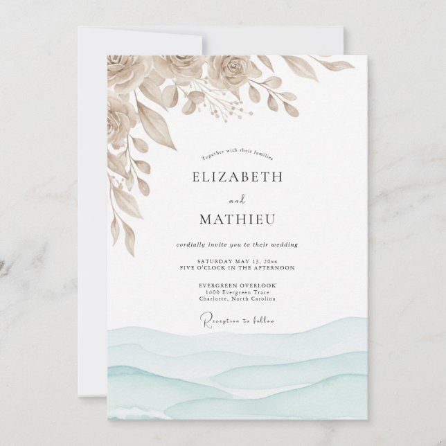 Invitation Mariage Sérénité Bleu Mousse de Mer sur la Côte (Devant)